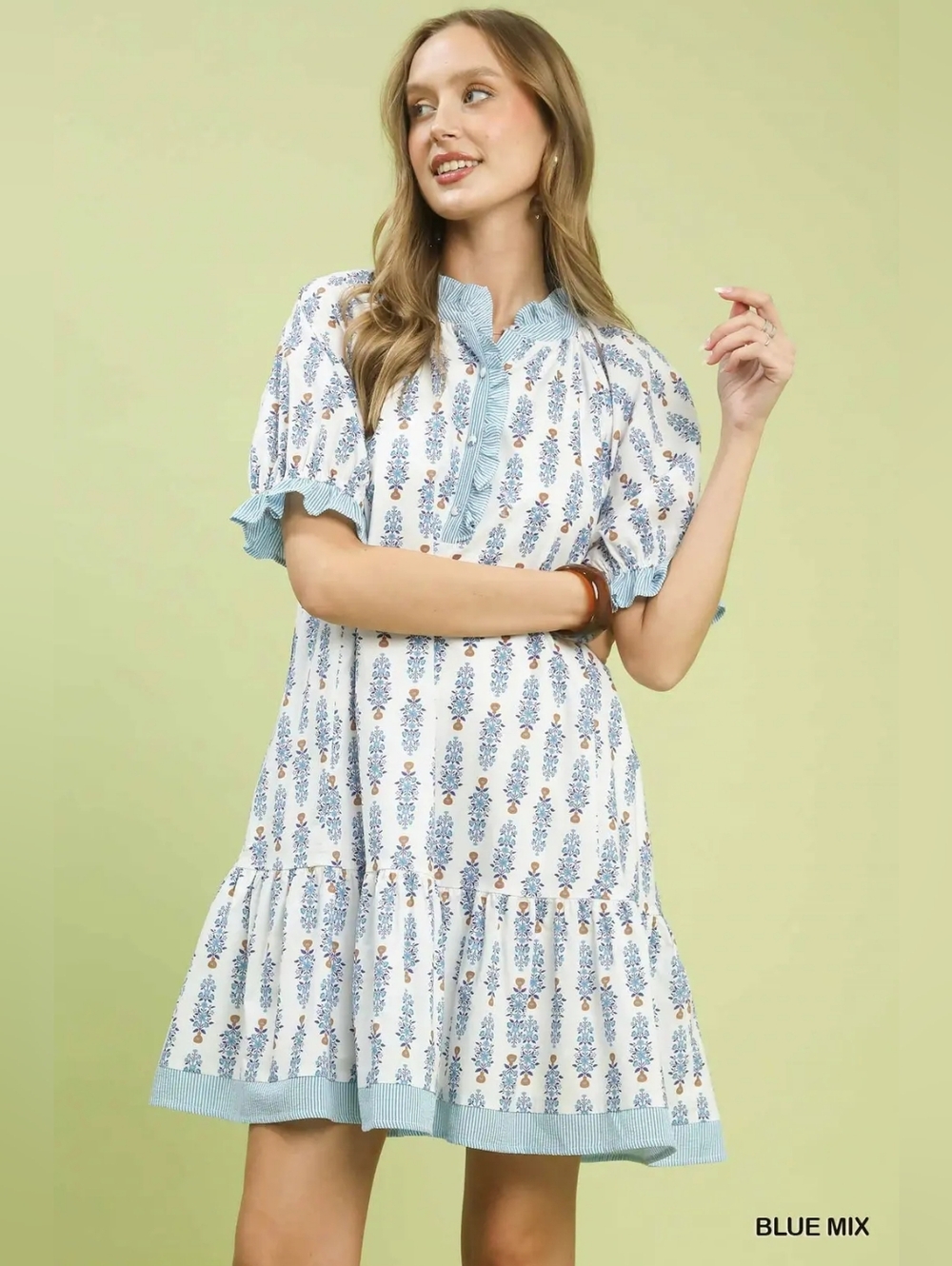 Umgee Striped Trim Floral Tiered Blue Mix Floral Short Dress with Ruffle Hem